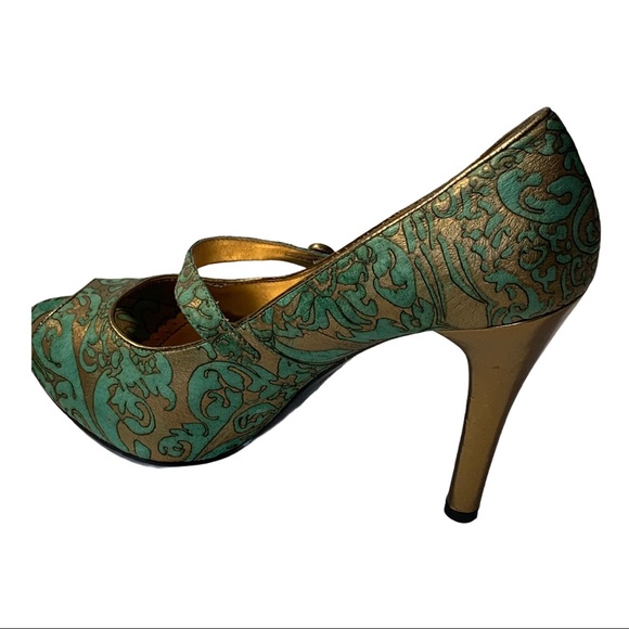 Hale Bob Teal Leather Peep Toe Maryjane Stiletto - Picture 8 of 14